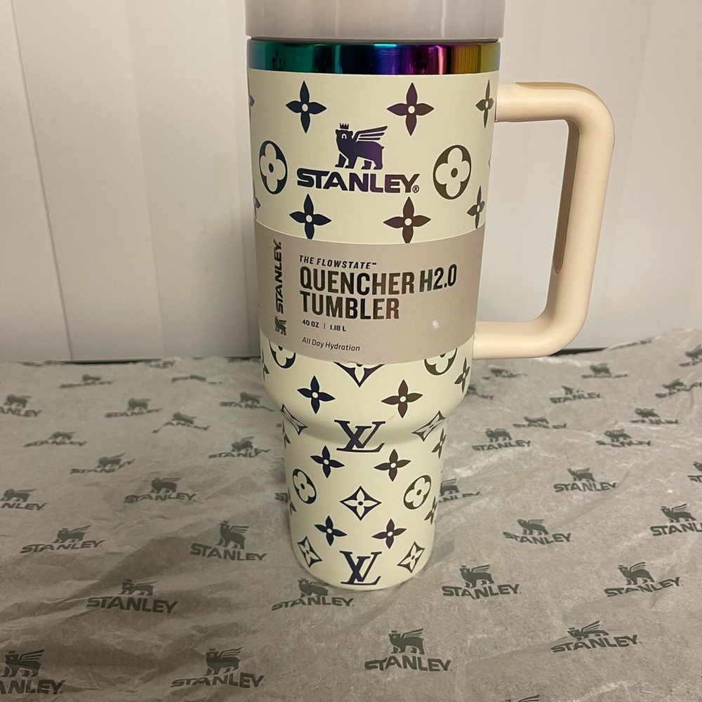 Custom Stanley Tumbler with Cream and iridescent accents. Last one price firm.